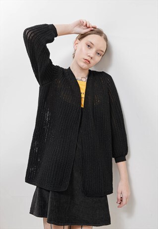 VINTAGE 70S BLACK 3/4 SLEEVE SEMI SHEER SHRUG CARDIGAN S/M
