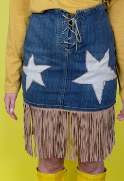 reworked tassle fringe skirt star western cow girl festival