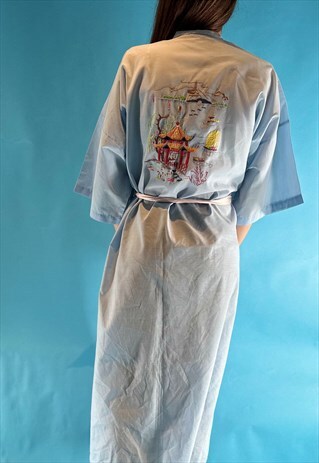 Vintage Embroidered Crane Light Blue Robe or Kimono