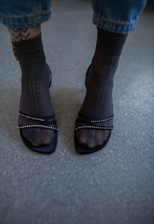 VINTAGE 90'S BLACK Y2K BLACK RHINESTONE DIAMANTE SANDALS