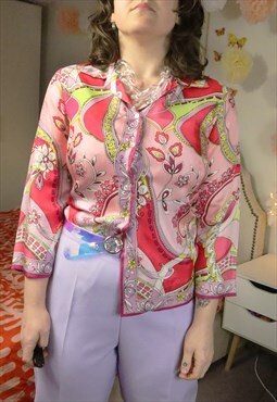Vintage 60s Colourful Floral Flowery Paisley V Shirt Blouse