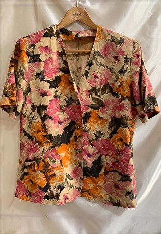 VINTAGE SHORT SLEEVE FLORAL PRINT LINEN JACKET