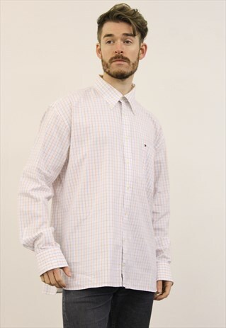 VINTAGE WHITE, BLUE AND ORANGE CHECKED TOMMY HILFIGER SHIRT