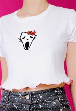 Scream kitty white embroidered crop top