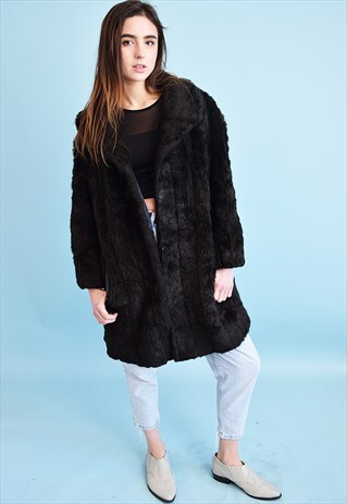 VINTAGE 80'S RETRO OVERSIZED FAUX FUR BLACK COAT