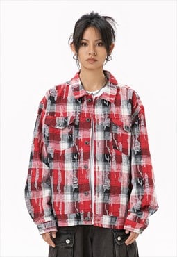 Checked shirt jacket red distressed bomber ripped blouse