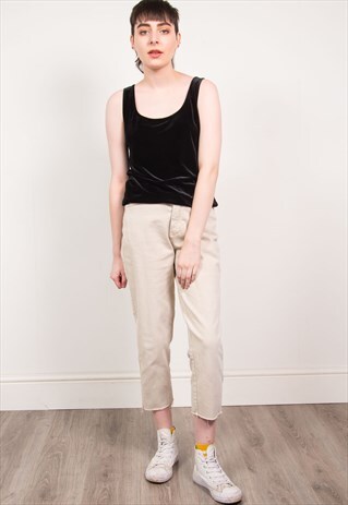 VINTAGE 90'S BEIGE HIGH WAIST FRAYED HEM MOM JEANS
