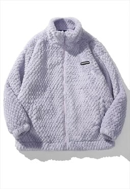 Textured fleece jacket fluffy sports bomber in pastel purple
