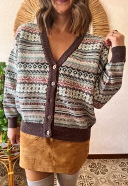 1980's vintage multicolor geometric knit wool cardigan