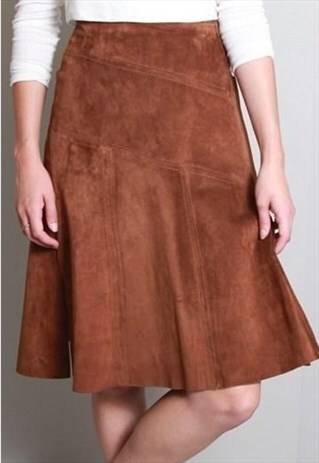 VINTAGE 1970'S TAN SUEDE BUTTON FRONT A-LINE MIDI SKIRT.
