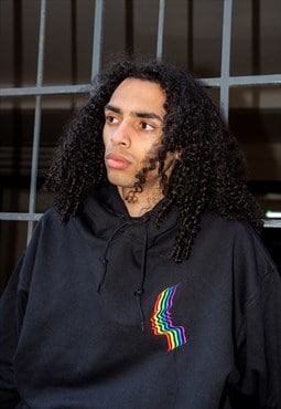 Hoodie in Black with Futuristic Rainbow Embroidery
