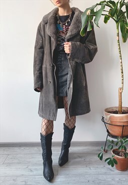 Vintage 90's Winter Grey Oversized Real Suede Shearling Coat