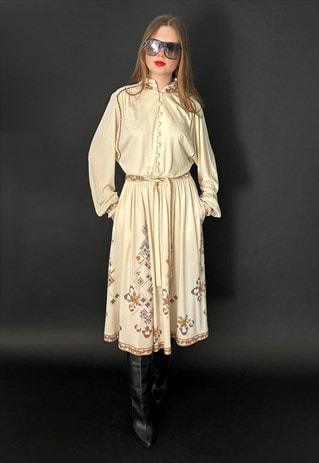 70'S VINTAGE LADIES CREAM LONG SLEEVE RUFFLE MIDI DRESS 