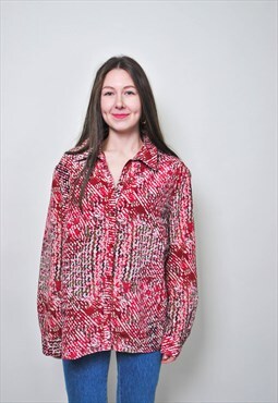 Red abstract blouse, Y2K patterned shirt woman