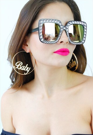 BLACK DIAMANTE MIRROR LENS OVERSIZED SUNGLASSES