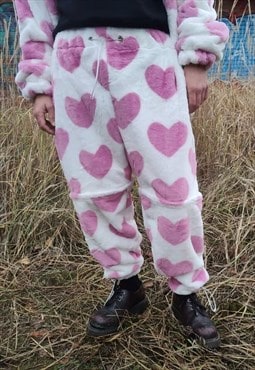 Heart fleece joggers handmade detachable love overalls pink