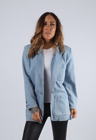 VINTAGE DENIM BLAZER JACKET LONGLINE LONG UK S 10 (J2M)