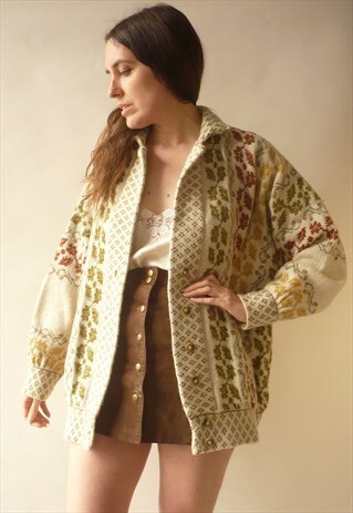 1980'S VINTAGE OVERSIZED SHETLAND WOOL TAPESTRY CARDIGAN