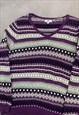 VINTAGE KNITTED JUMPER ABSTRACT PATTERNED V-NECK SWEATER