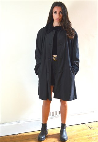 1980S VINTAGE BLACK FAUX FUR TRIM COLLAR & CUFFS SWING COAT