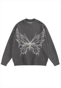 Butterfly sweater grunge jumper knitted fluffy top in grey