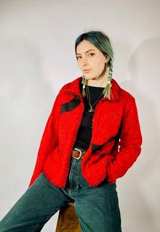 Vintage Size S Chunky Knitted Cardigan in Red