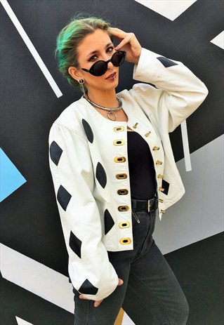 VINTAGE BLACK AND WHITE HARLEQUIN LEATHER JACKET