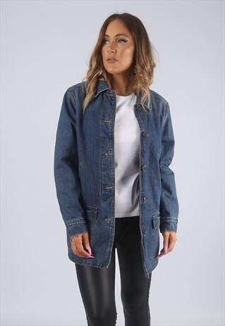 VINTAGE DENIM JACKET LANDS' END LONGLINE UK 10 - 12 (7BL)