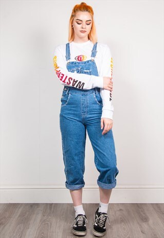 VINTAGE 90'S BLUE EMBROIDERED LONG LENGTH DUNGAREES