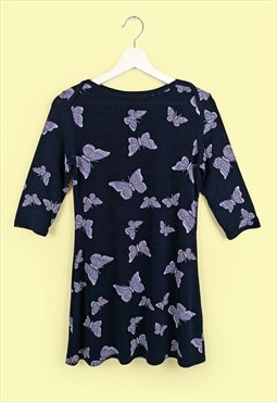 90's Y2K Butterfly Print Dress Indigo Blue Lycra Stretch 