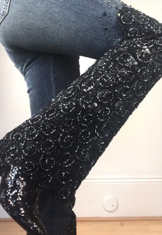 VINTAGE Y2K DENIM FLARES JEANS SEQUIN LACE