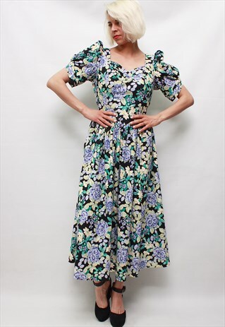 VINTAGE 80'S BEAUTIFUL CUTE BLACK FLOWER MIDI DRESS