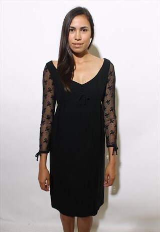 VINTAGE 1960'S 60'S BLACK LACE MINI DRESS SHEER SLEEVES XS
