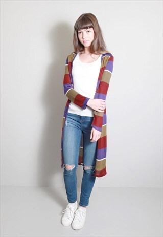 VINTAGE 1970S LONG MULTI COLOURED STRIPED CARDIGAN