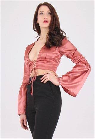 PLUNGE V NECK LACE UP FRONT BLOUSE