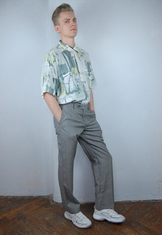 VINTAGE 90'S SUIT LIGHT BAGGY STRAIGHT TROUSERS LIGHT GREY