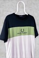 VINTAGE FRED PERRY T-SHIRT EMBROIDERED SPELL OUT STRIPED L
