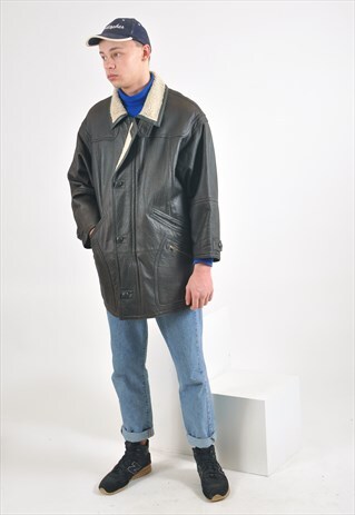 VINTAGE REAL LEATHER SHERPA COAT IN BLACK