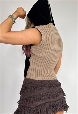 Vintage 90s Gilet Knit Hoodie Double Zip Body Warmer Vest 