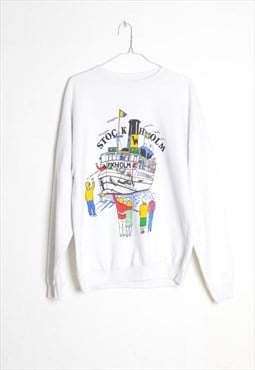 Vintage 90s White Colourful Graphic Stockholm Sweatshirt