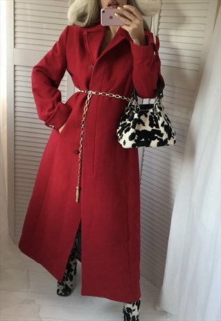 VINTAGE 90S WOOL LONG CHERRY RED COAT WITH NOTCHED LAPEL