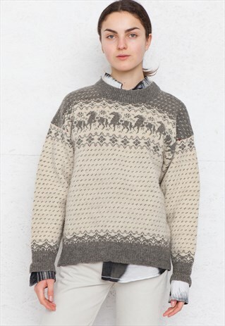 VINTAGE BEIGE GREY ROUND NECK KNIT JUMPER SWEATER