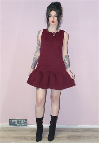 90S VINTAGE MAROON RUFFLE HEM HIGH NECK DRESS