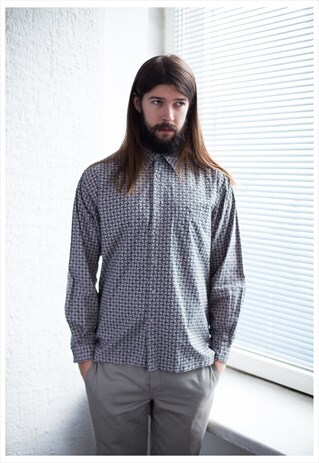 VINTAGE 90'S GREY PATTERNED LONG SLEEVED SHIRT