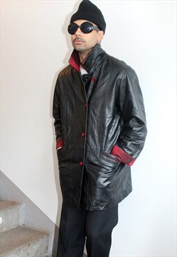 Vintage 90s Mario Zegna Black Leather Coat XL