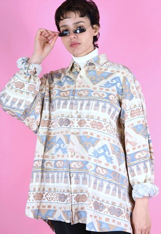 VINTAGE 90S FLANNEL SHIRT PATTERN PASTEL BEIGE BLUE