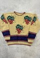 VINTAGE KNITTED JUMPER GRAPE PATTERNED CHUNKY KNIT SWEATER