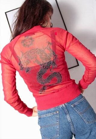 90S GOTH Y2K TRIBAL RAVE DRAGON MESH SHEER BOMBER JACKET TOP