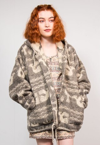 VINTAGE 90'S GREY AZTEC PATTERN BLANKET FESTIVAL JACKET