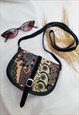 Vintage 90s black suede carpet folk print small shoulder bag